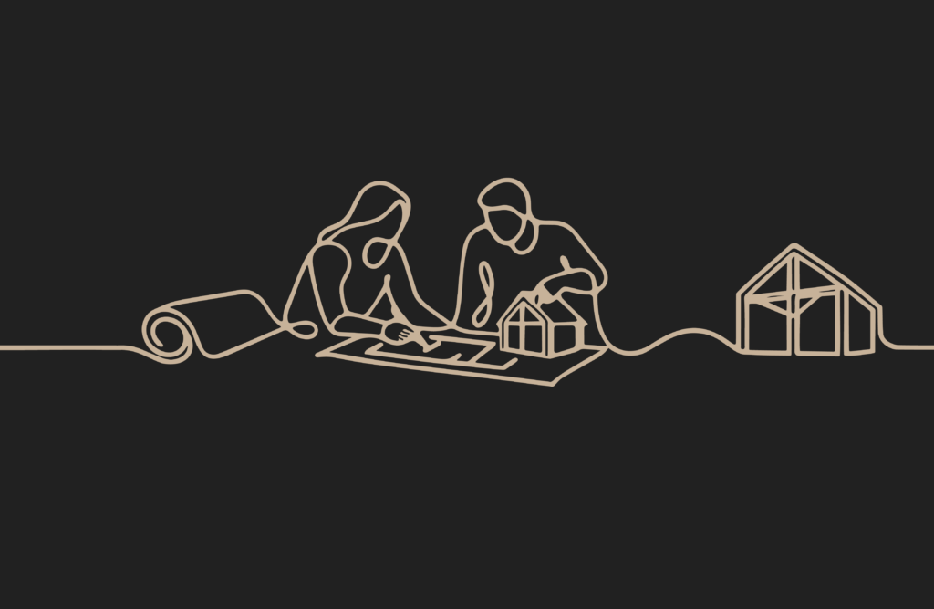 Line illustration of an architect and timber frame specialist coordinating plans and a timber frame model.